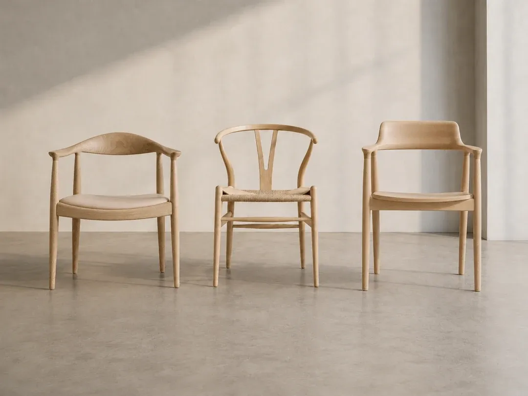 Three wooden chairs showing subtle stages of long-term use
