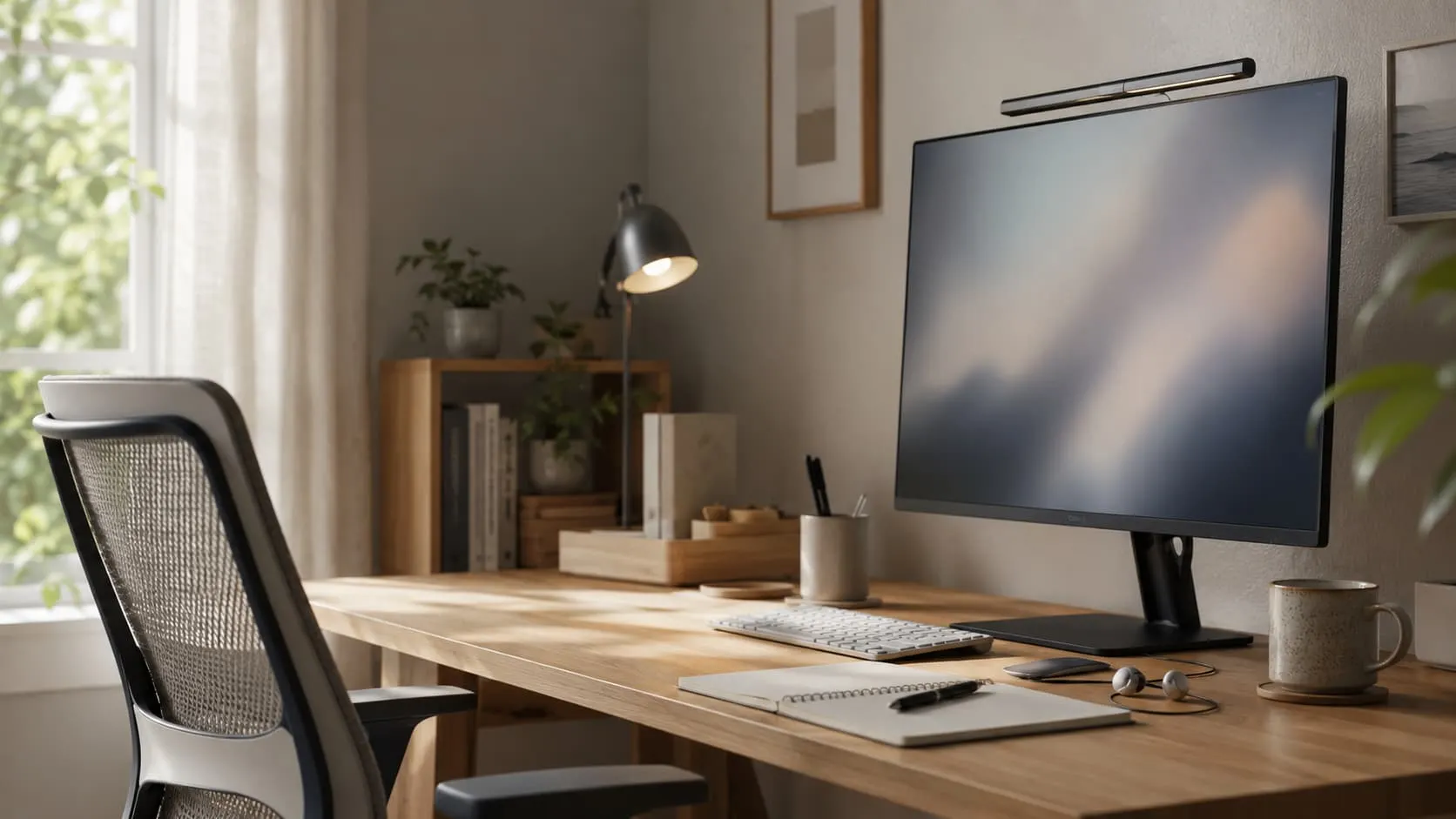 A quiet desk: chair, monitor, lamp