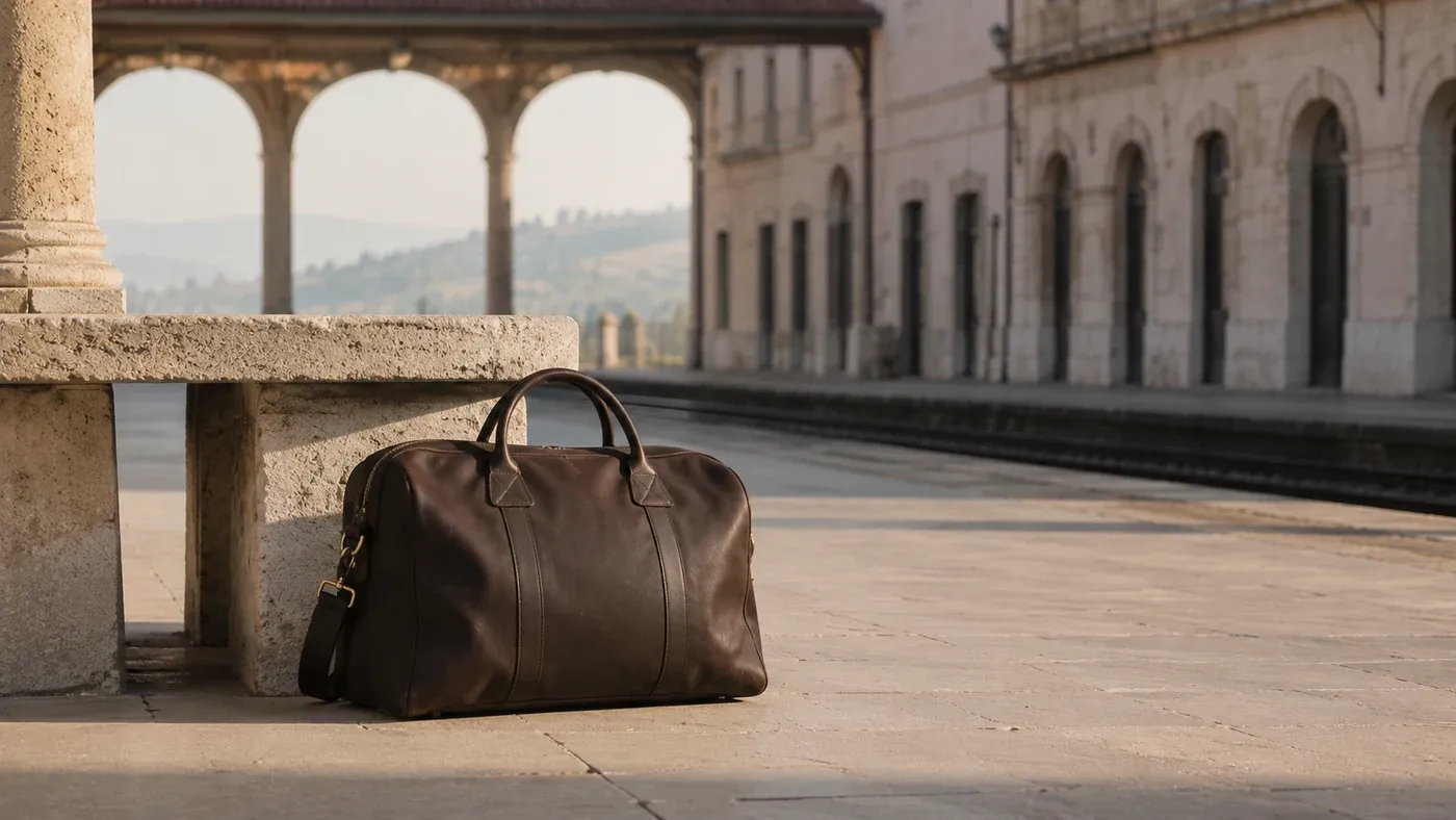 Well-maintained travel bag at a quiet European railway station