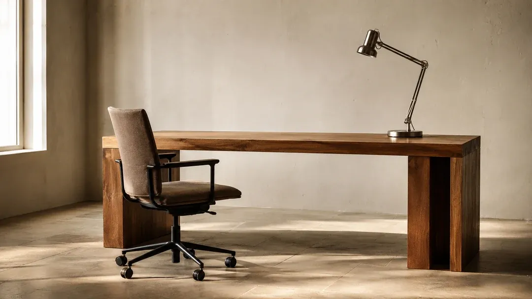 Hardwood desk and durable task chair in a minimal workspace